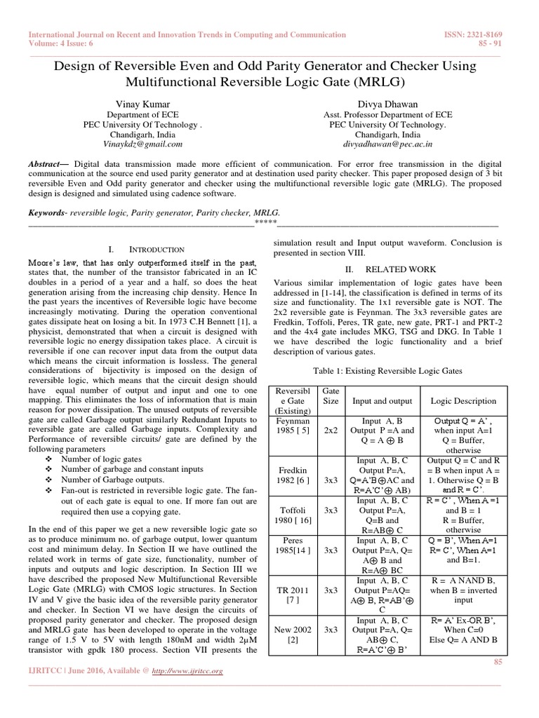 Design of Reversible Even and Odd Parity Generator and Checker Using ...