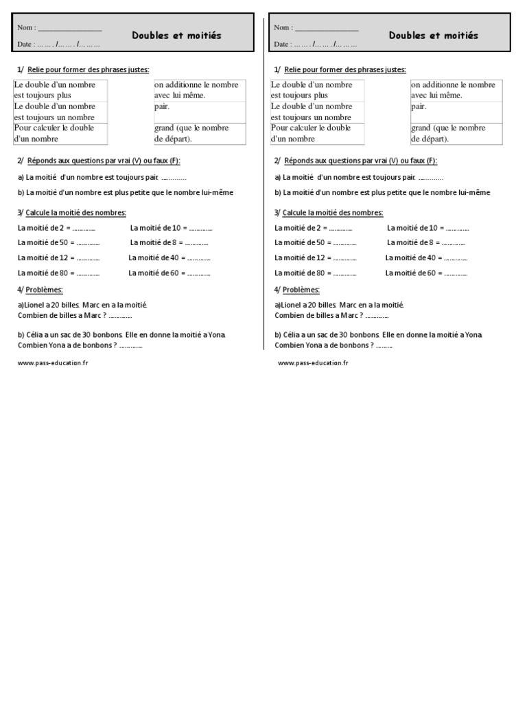 Exercice Double Et Moitié Ce1 Pdf