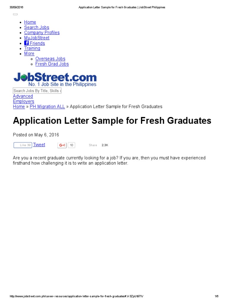 Application Letter Sample For Fresh Graduates JobStreet Philippines