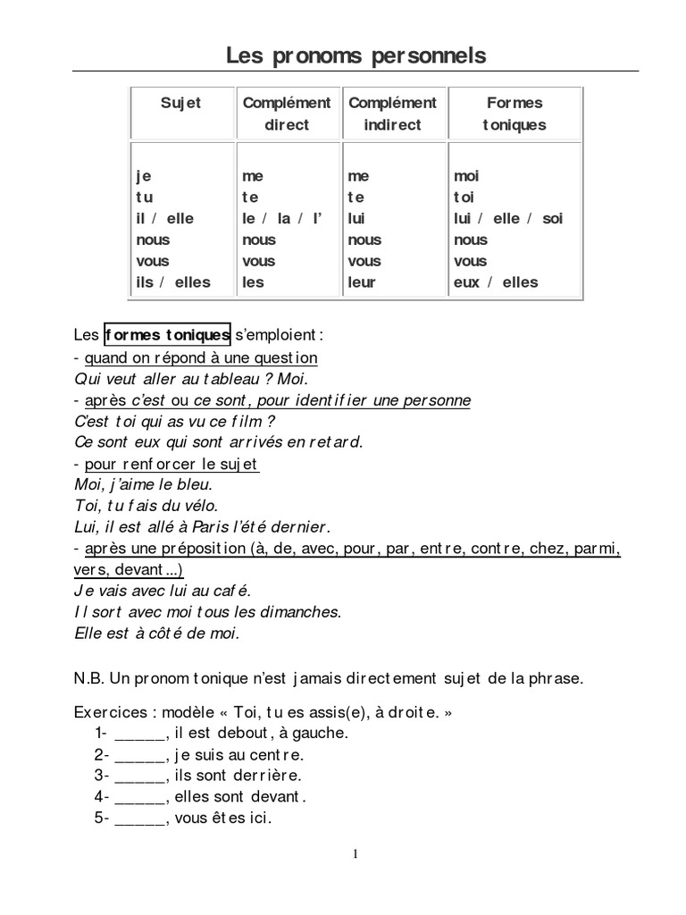 Les Pronoms Personnels Exercices Corrigés Pdf 8o Les Pronoms Personnels | PDF