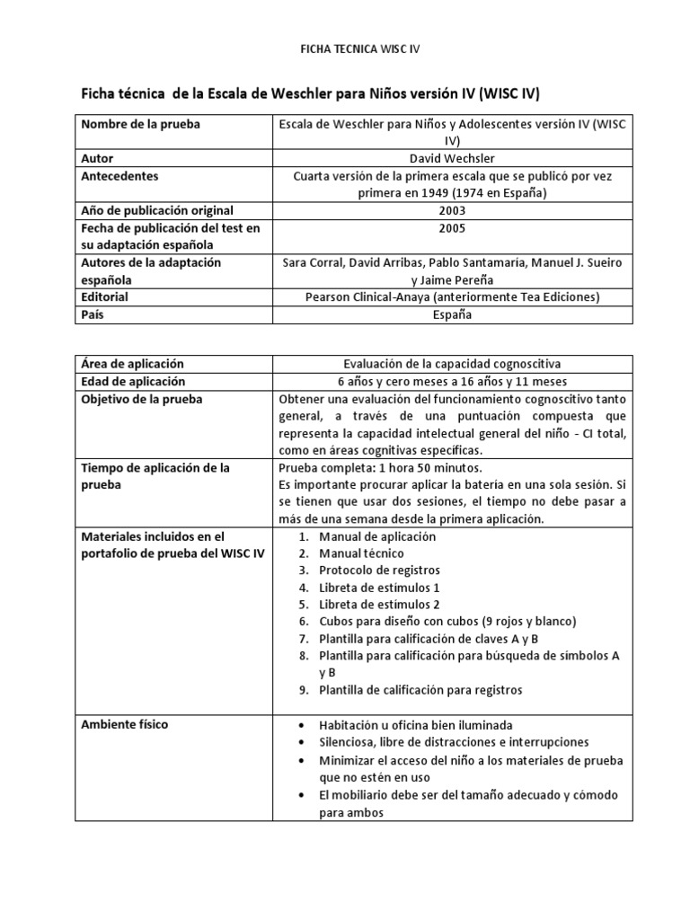 Ficha Tecnica Wisc IV | PDF | Conceptos psicologicos | Ciencia cognitiva