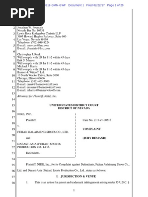 Nike V Fujian Jialaime Complaint Trademark Lanham Act