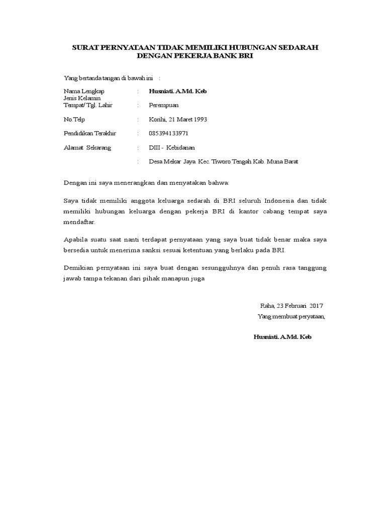 Surat Keterangan Tidak Ada Hubungan Keluarga Inti Dengan Bri Contoh Seputar Surat