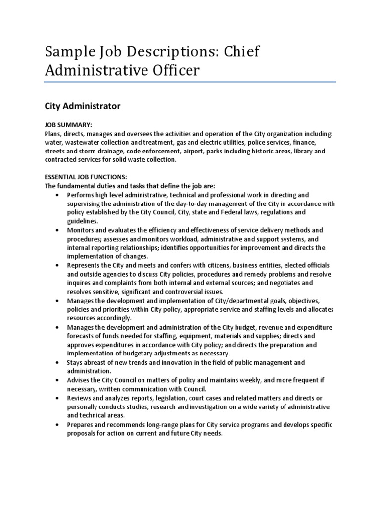 Sample Job DescriptionsChief Administrative Officer Public