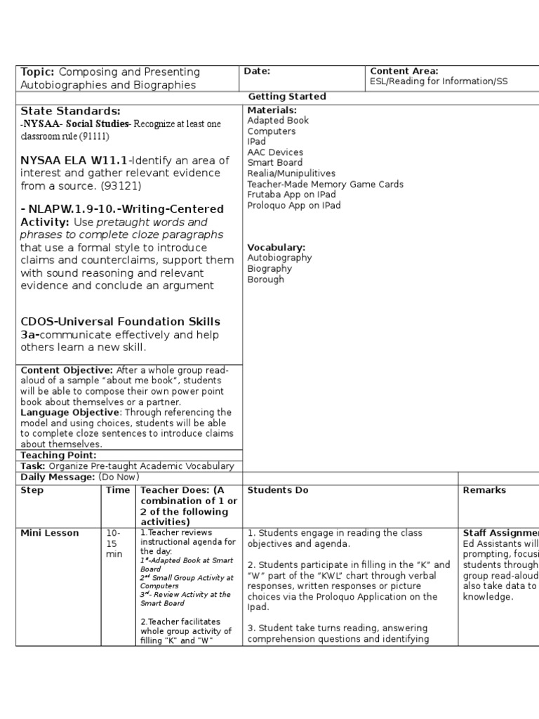 Autobiography Lesson Plan Pdf Question Teachers