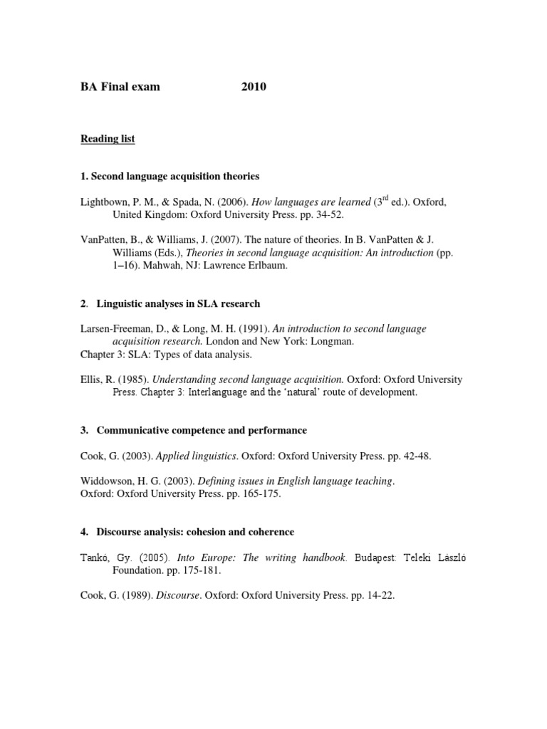 Ba Final Exam Reading List Second Language Acquisition - 