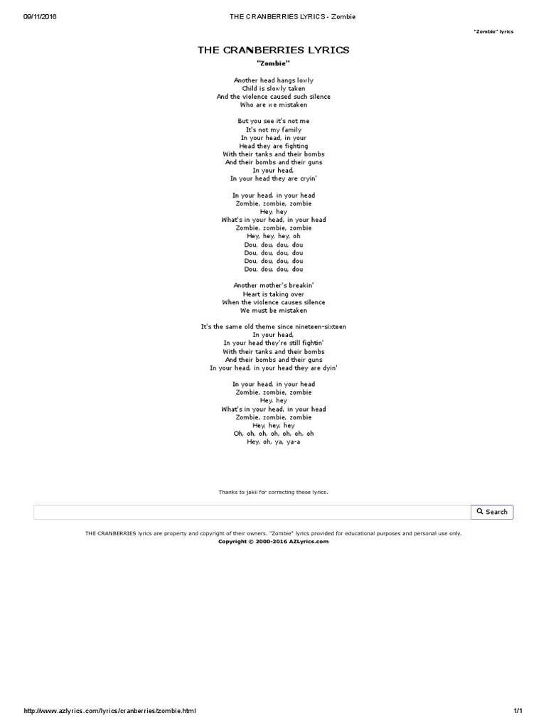 The Cranberries Lyrics Zombie PDF