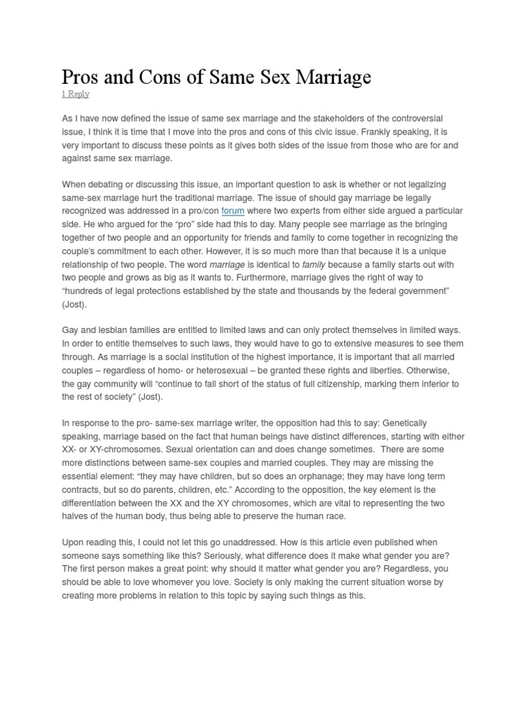 same sex marriage pros and cons essay