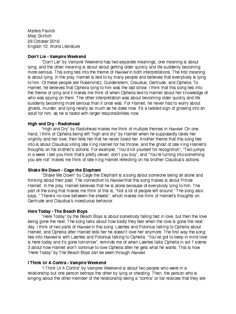 10 4 hamlet playlist project paragraphs Hamlet Shakespearean Tragedies