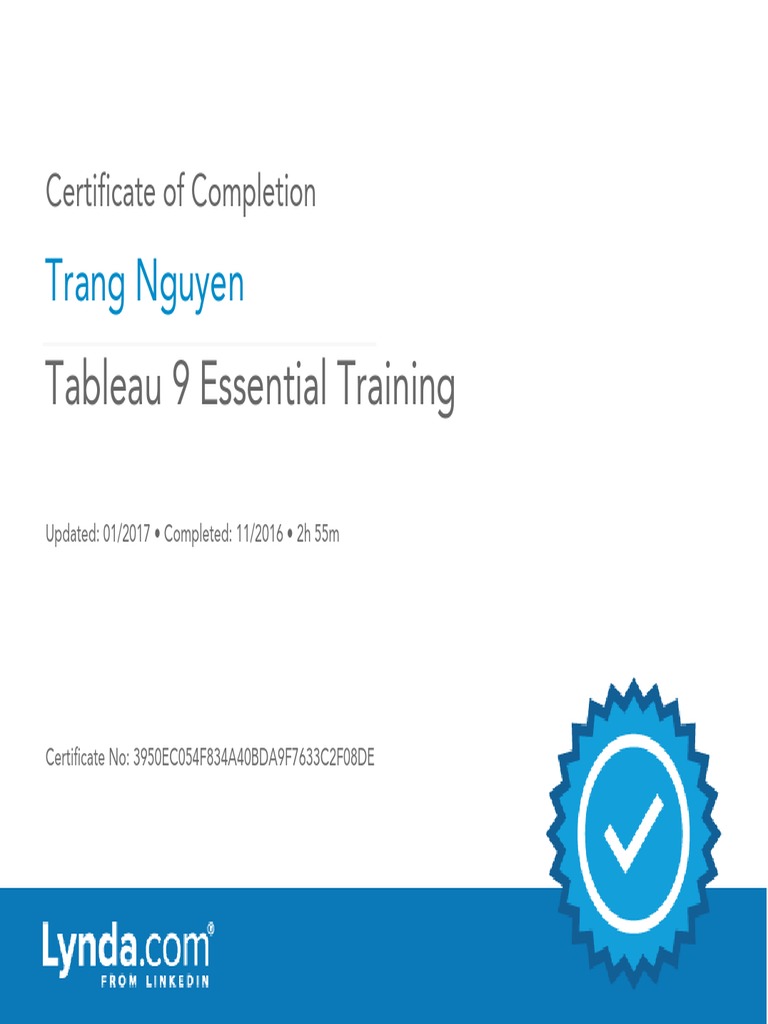 Tableau9essentialtraining Certificateofcompletion PDF