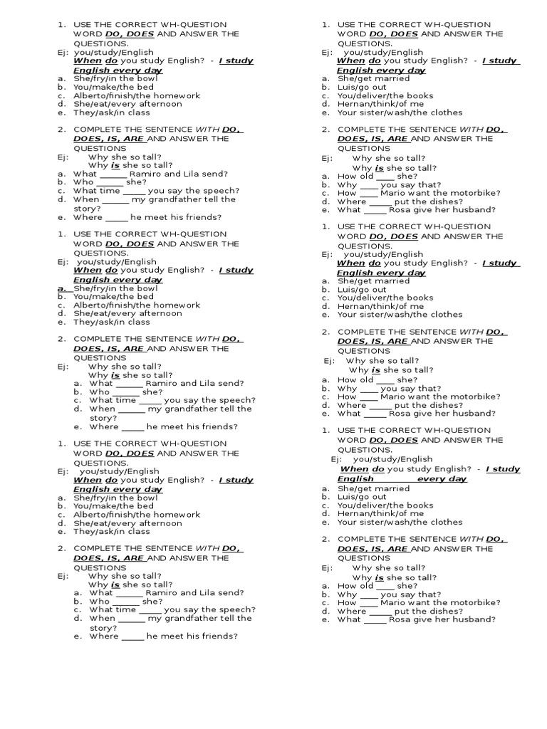 WH Questions in Simple Present Exercises | PDF | Question | Language ...