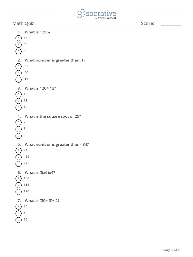 Basic Math Quiz for Students | PDF | Teaching Methods & Materials