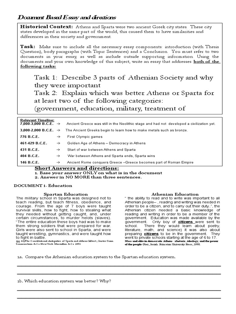 Athens and Sparta DBQ PDF Sparta Ancient Greece