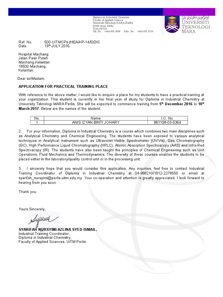 application letter for industrial training in hospital