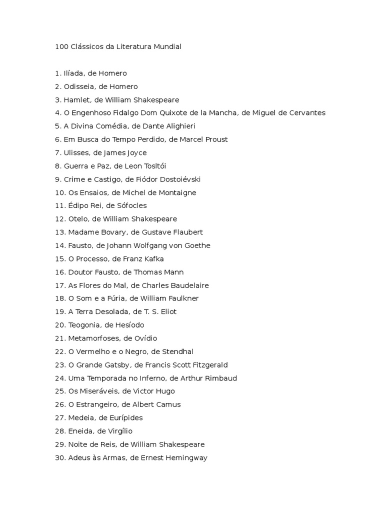 100 Clássicos Da Literatura Mundial | PDF | Escritores | Livros de ficção
