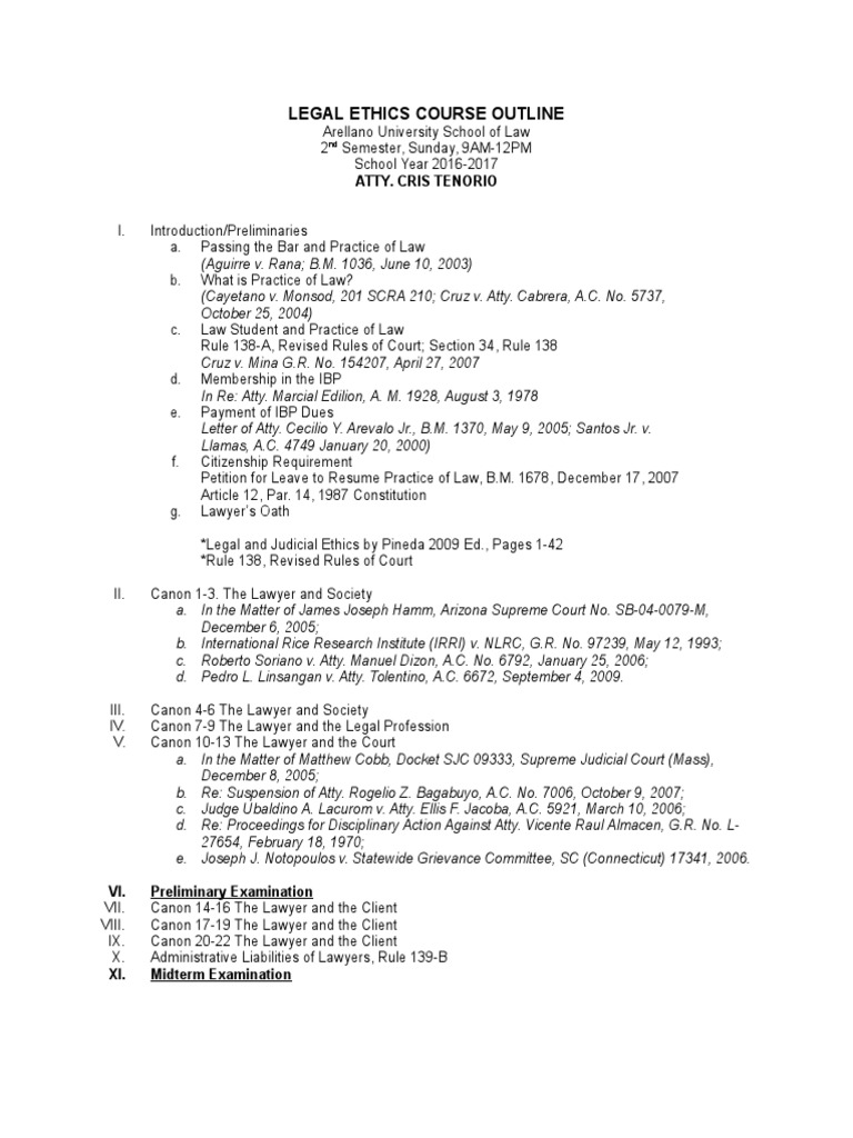 Legal Ethics Course Outline | Practice Of Law | Lawyer