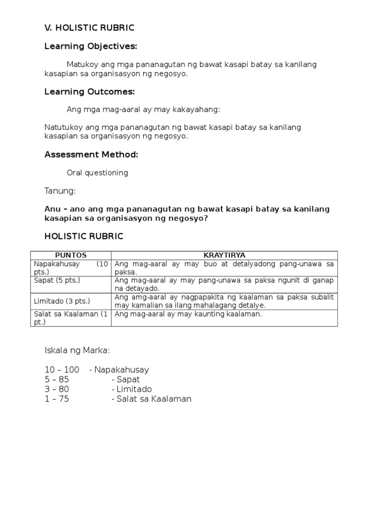 Holistic Rubric