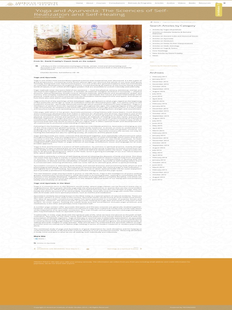 Yoga and Ayurveda The Sciences of SelfRealization and SelfHealing