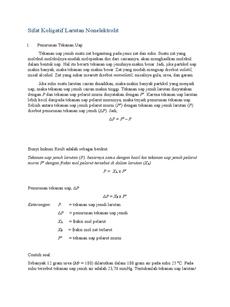 Contoh Soal Penurunan Tekanan Uap Jenuh Larutan Contoh