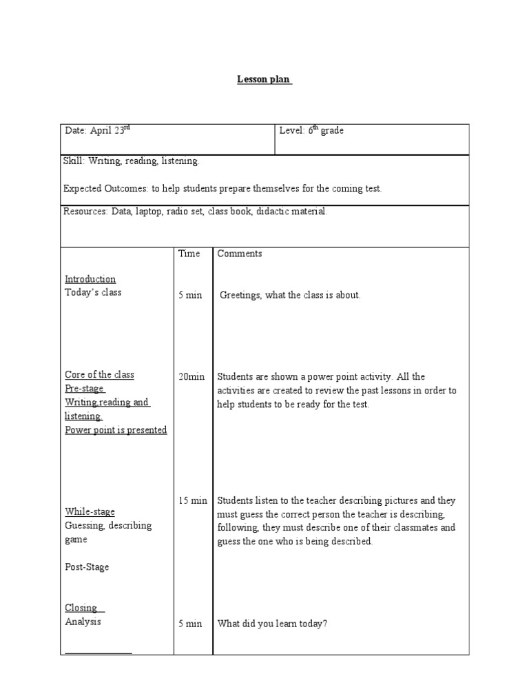 Lesson Plan April 23rd Review Class April | PDF