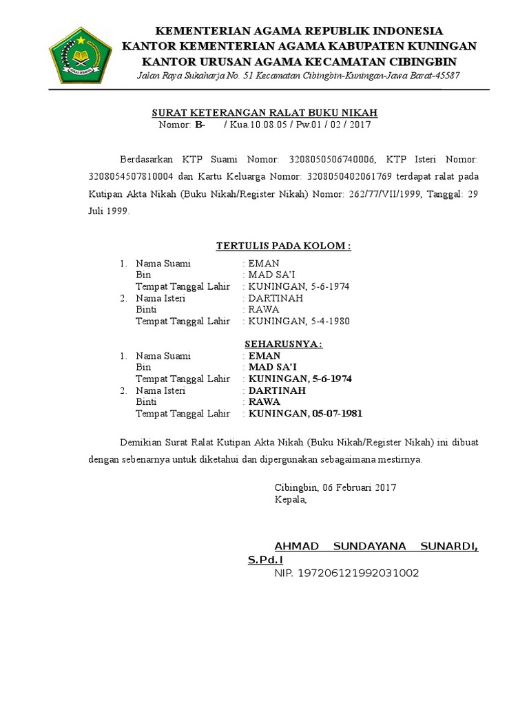 Surat Keterangan Ralat Buku Nikah Pdf