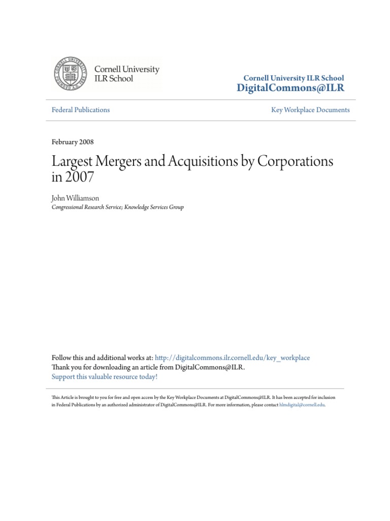 Largest M&A Deals 2007 PDF Congressional Research Service The
