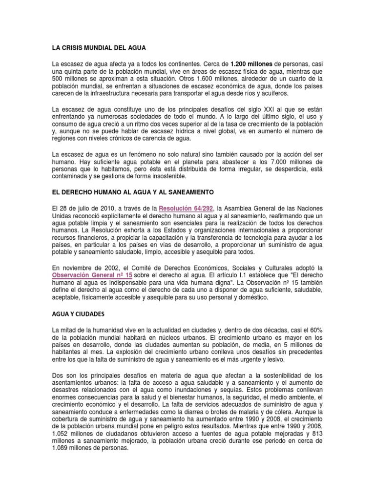 Crisis Mundial del Agua: Desafíos y Derechos | PDF | Escasez de agua | Agua