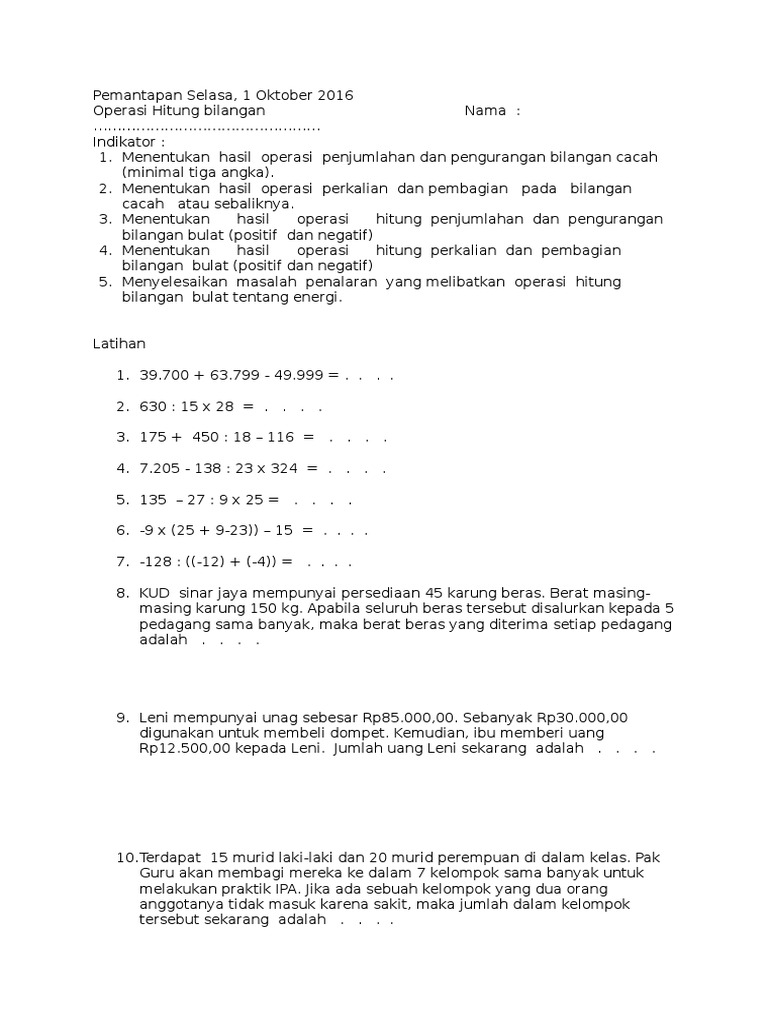 Soal Pemantapan Matematika Sd Docx