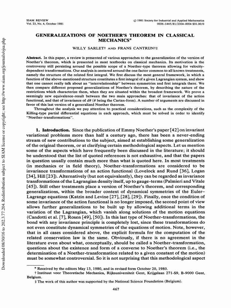 Generalizations Of. Noether'S Theorem in Classical Mechanics | PDF ...