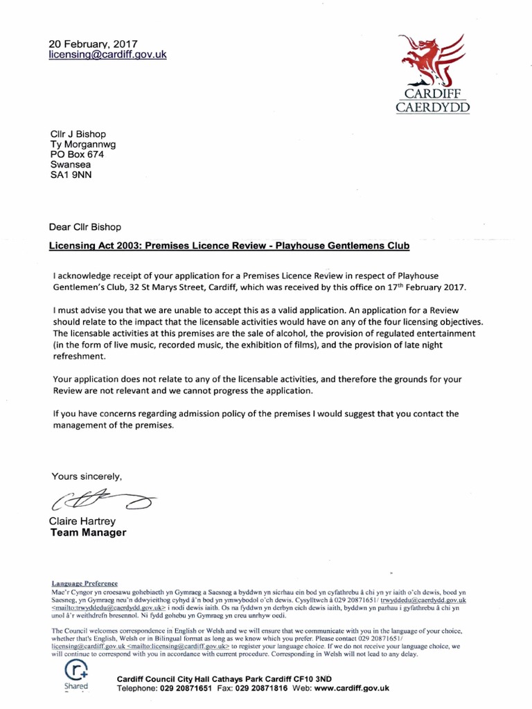 Cardiff Council Letter regarding Playhouse Gentlemen's Club in St Mary Street, Cardiff City