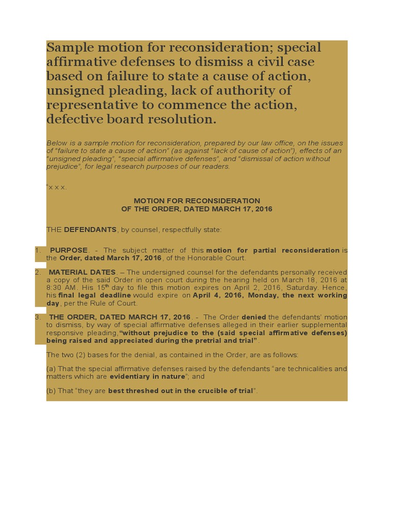 Sample Motion for Reconsideration 2 Demurrer Pleading