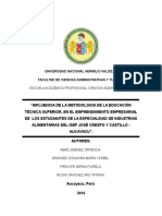 Educación Técnica Superior y El Emprendimiento Empresarial en Los Estudiantes de La Especialidad de Industrias Alimentarias Del Isep José Crespo y Castillo