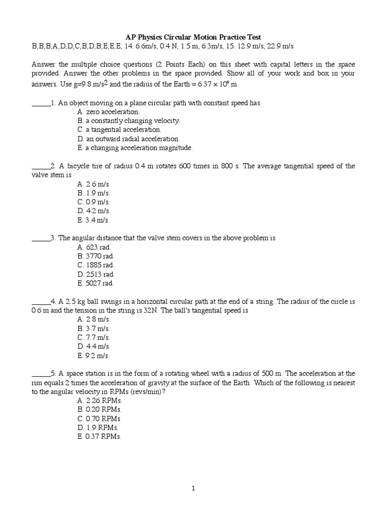 Circular Practice Test Acceleration Physical Phenomena