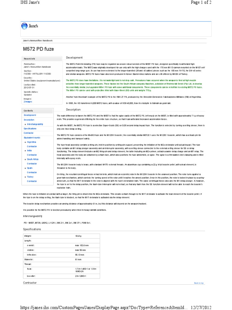 M572 PD Fuze | PDF | Fuze | Artillery