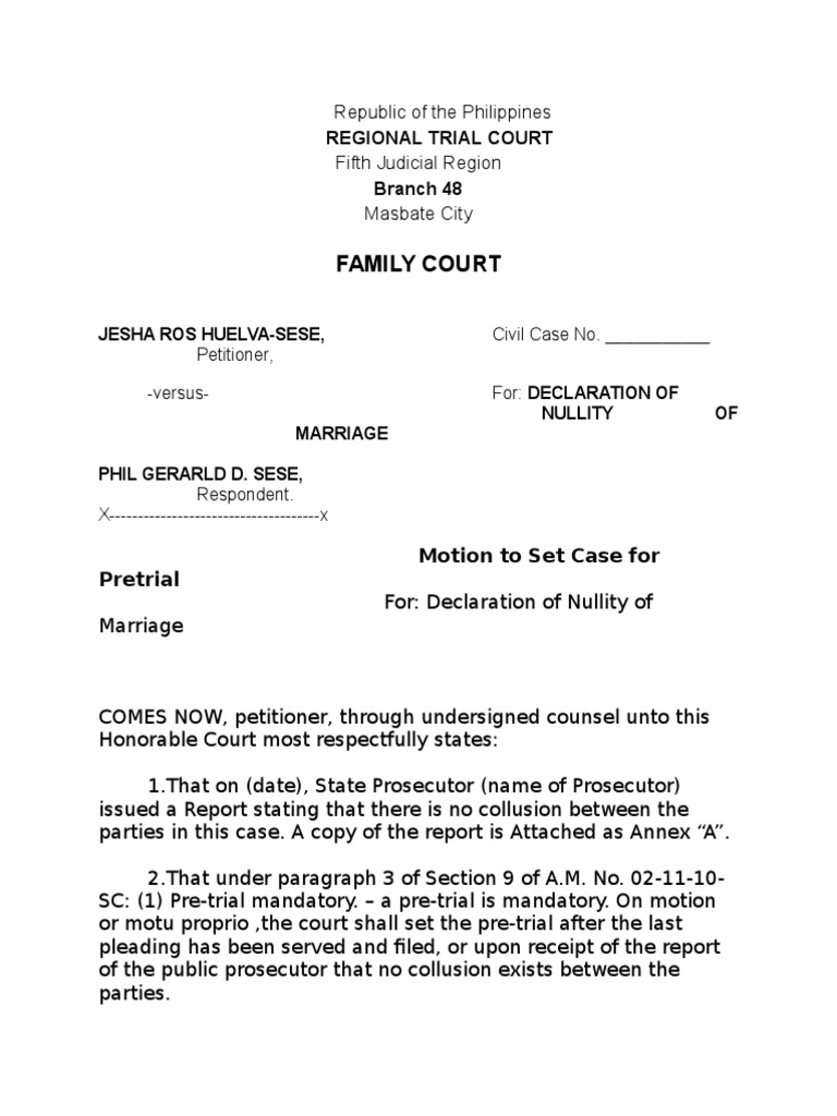 Pre-Trial Motion for Nullity of Marriage | PDF | Prosecutor | Lawsuit