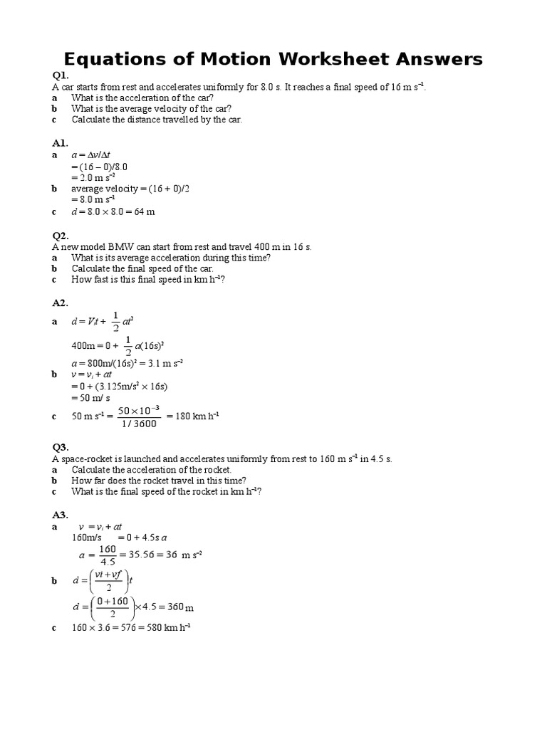 worksheet Calculating Acceleration Worksheet equations of motion worksheet with answers hw11 doc diving acceleration