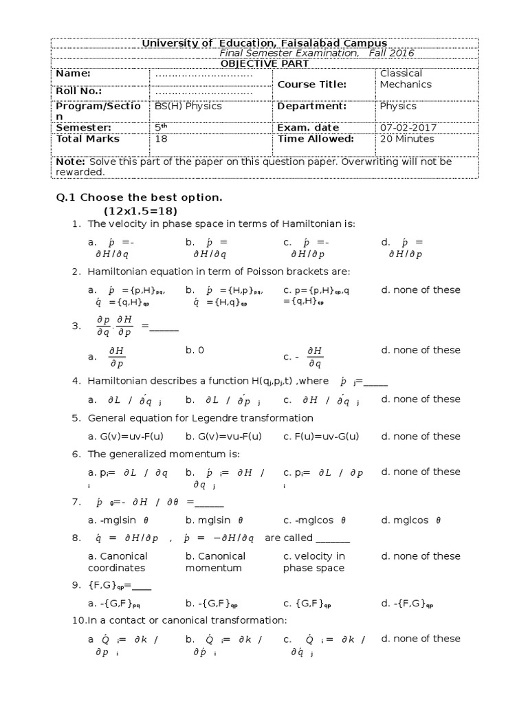 Final Exam Classical Mechanics Hamiltonian Mechanics Differential Geometry