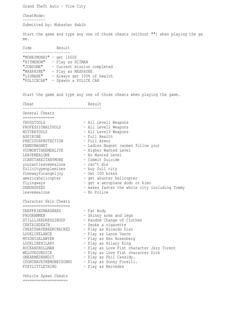 Cheat Code of Gta Vice City Computer File Theft