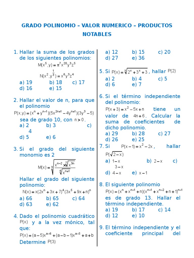 Ejercicios de Valor Numérico de Polinomios | PDF | Matemáticas De La ...