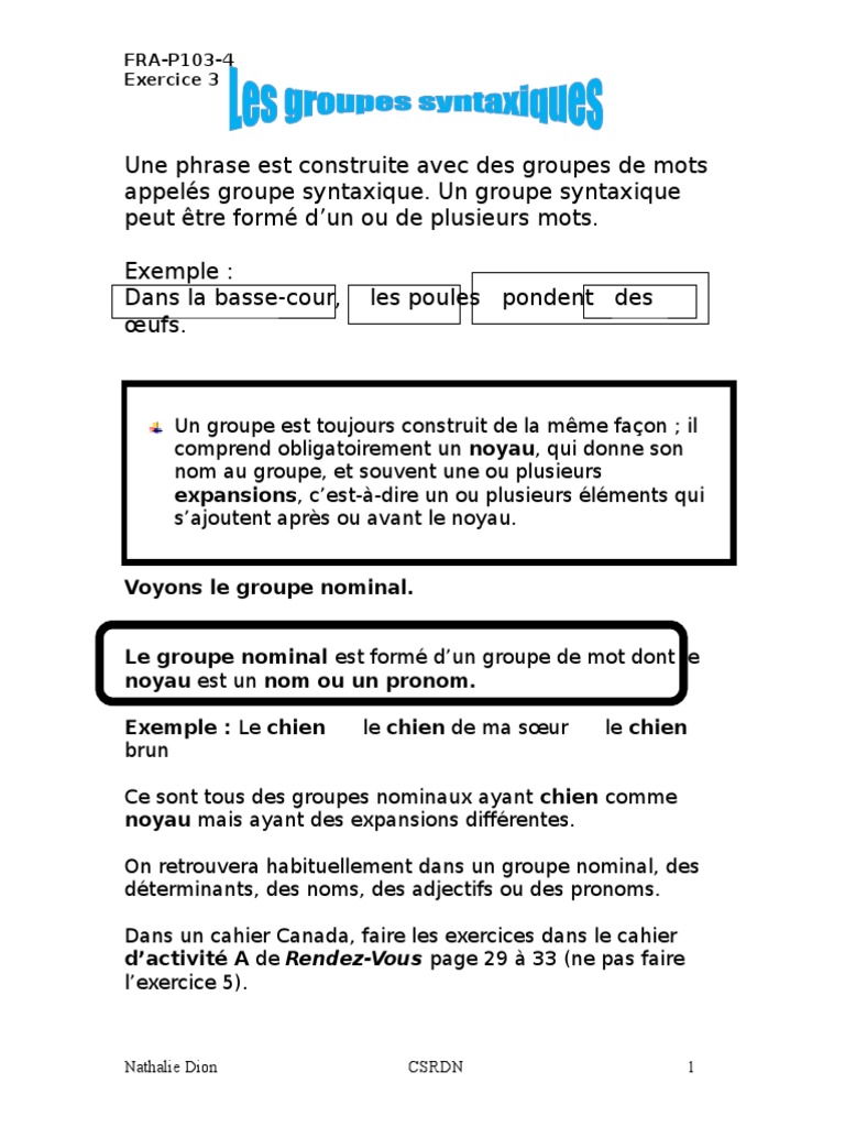 Exercices Groupe Nominal 6ème Pdf Exercices Les - Groupes.syntaxiques | PDF | Sujet (Grammaire) | Phrase