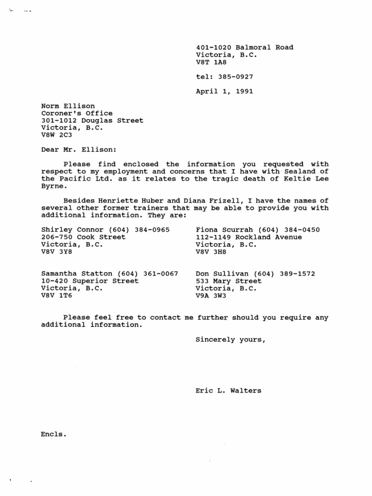 Eric Walters Report On Sealand of The Pacific To The Keltie Byrne