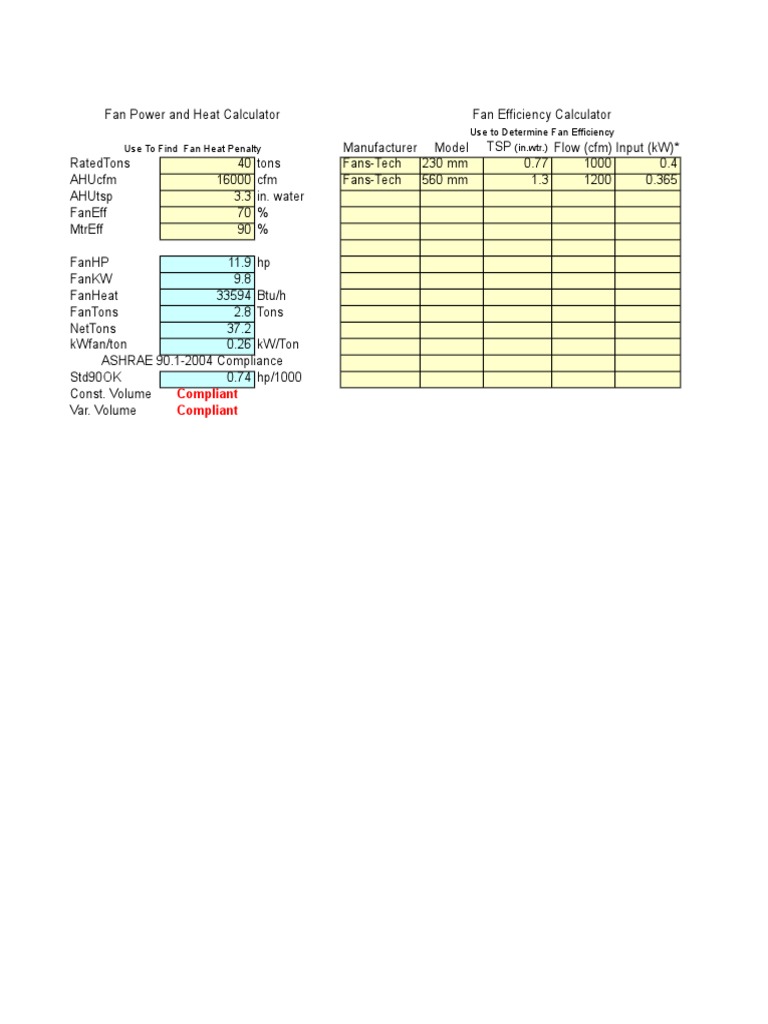 Fan Power and Efficiency Calculator | PDF | Horsepower | Electric Motor