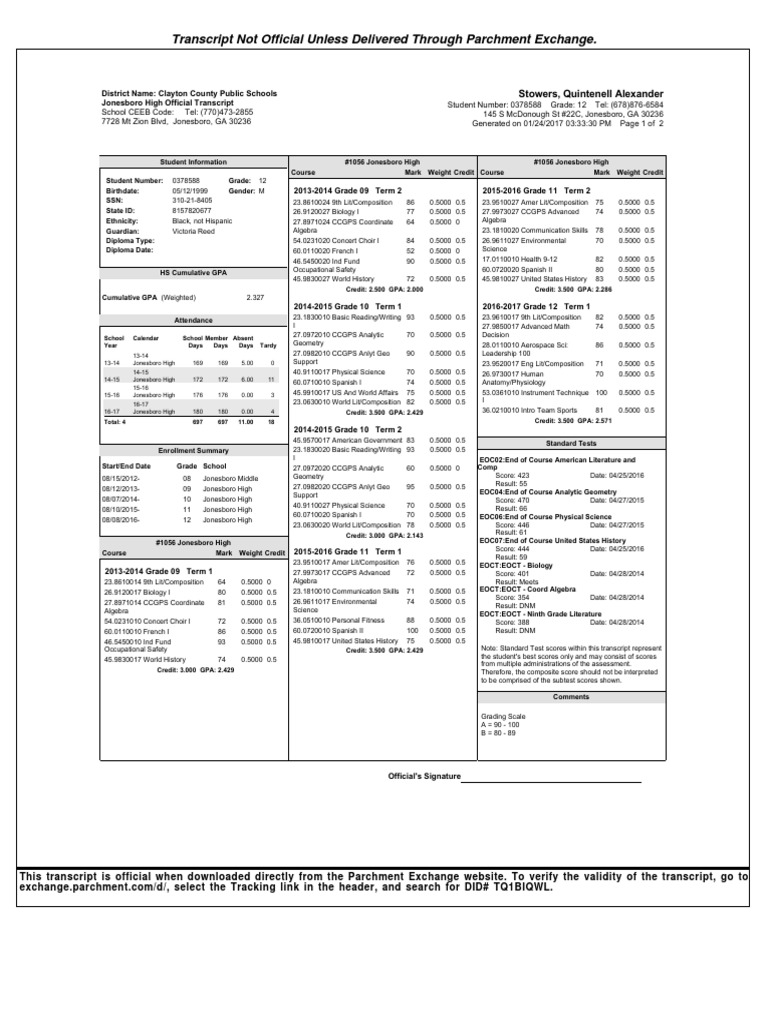 Transcript Not Official Unless Delivered Through Parchment Exchange PDF Cyberspace Computing