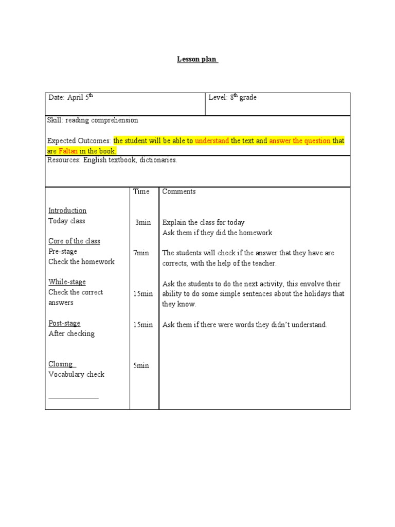 8th Grade Lesson Plans | Lesson Plan | Reading Comprehension