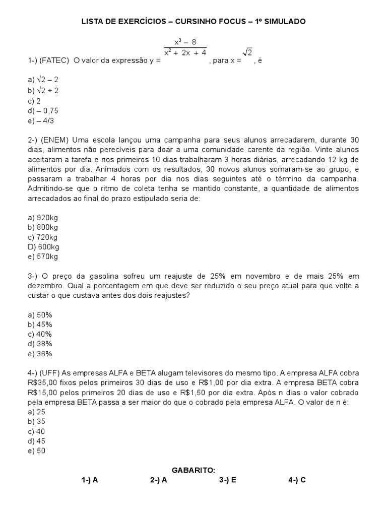 Lista de Exercícios DE MATEMÁTICA PARA VESTIBULAR | PDF