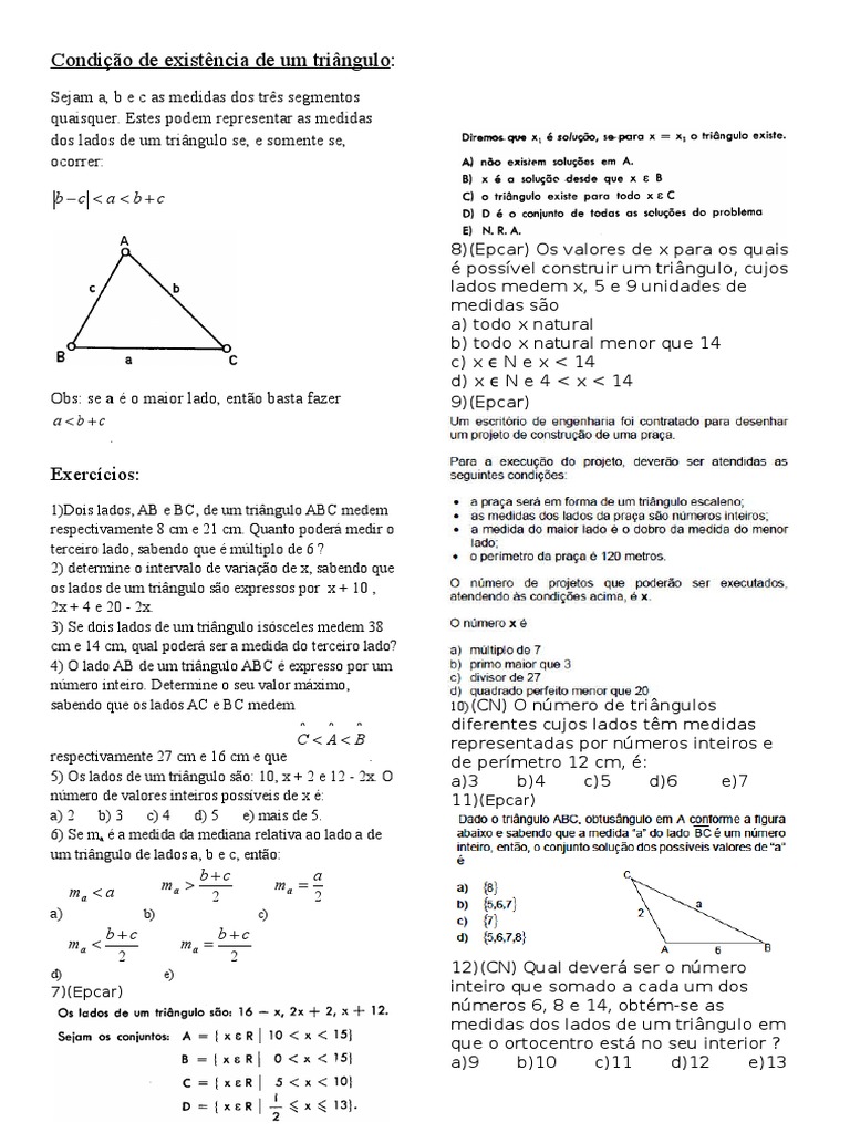 Exercicio Condição De Existencia De Um Triangulo