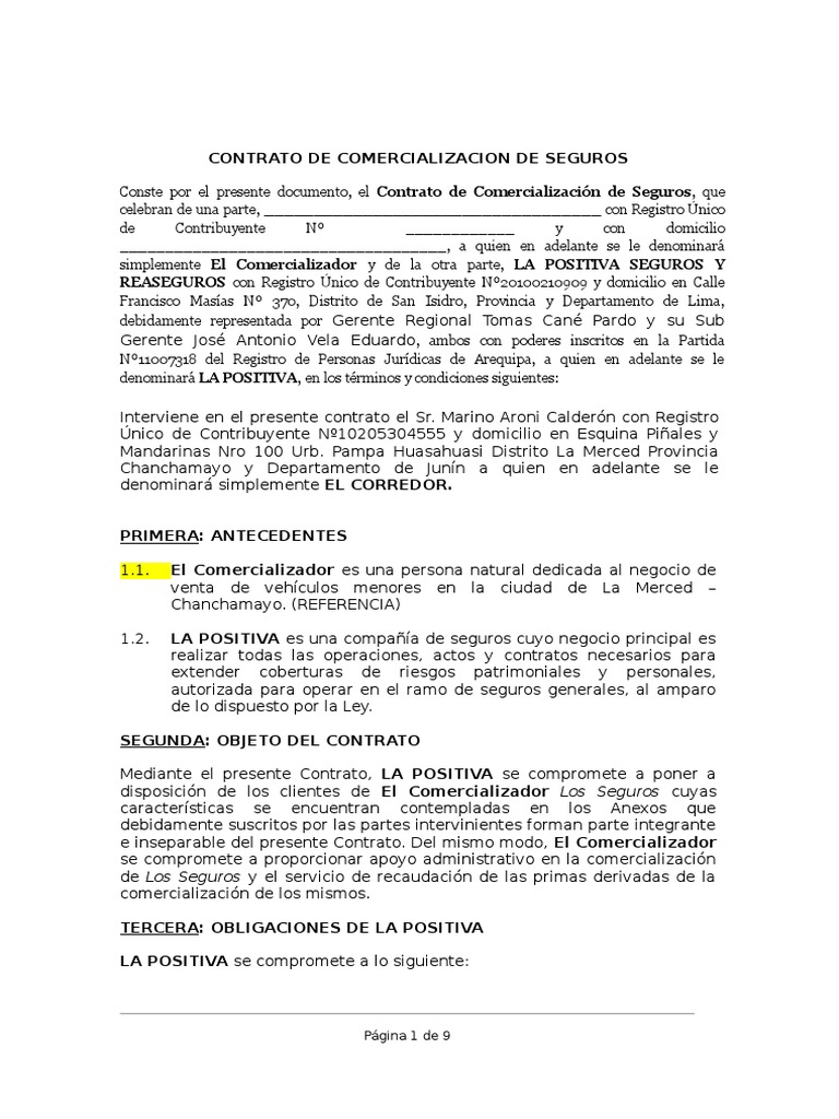 Modelo de Contrato de Comercializacion | PDF | Póliza de seguros | Seguro