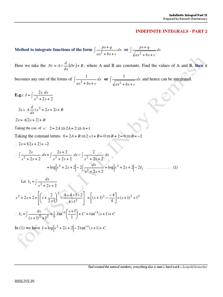 XII Chap7 Indefinite Integral Study Material Part 2 Hsslive | PDF ...
