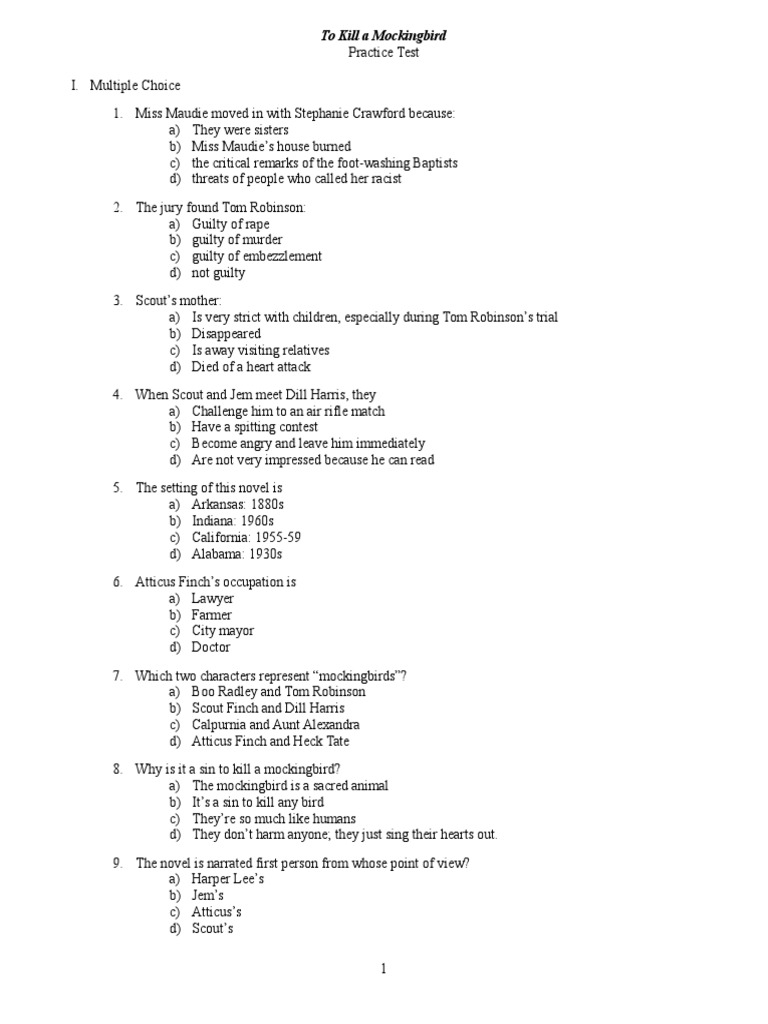 To Kill A Mockingbird Practice Test | PDF | To Kill A Mockingbird ...