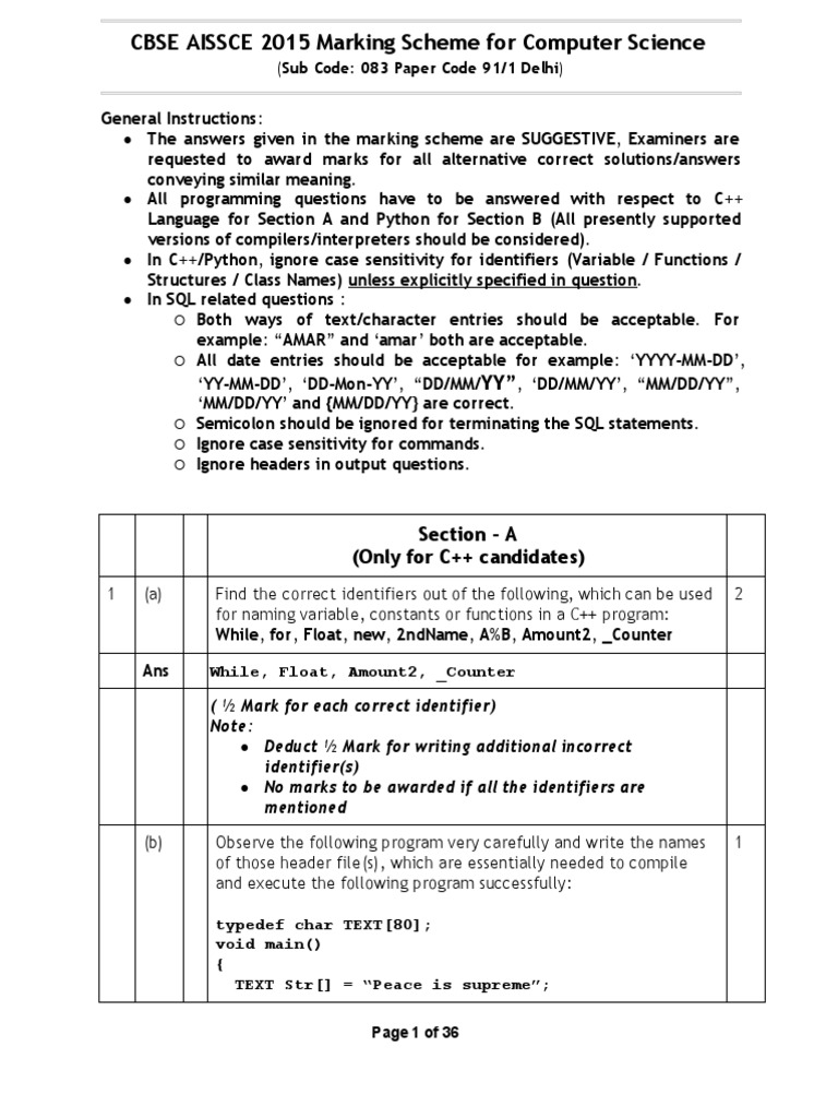 12 Computer Science CBSE Exam Papers 2015 Delhi Set 1 Answers PDF | PDF